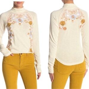 Free People Disco Rose Embroidered Mock Neck Top Small